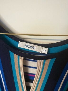 RICKI'S Navy, Teal & Tan Striped Knit Top with Keyhole